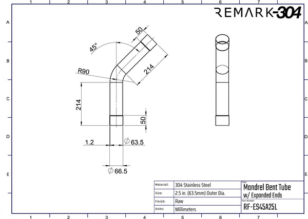 304 Stainless Steel 45° Mandrel Bends w/ Slip Fit Ends