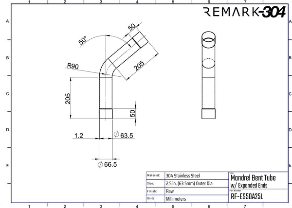 304 Stainless Steel 50° Mandrel Bends w/ Slip Fit Ends