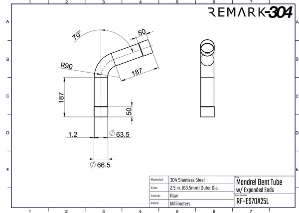 304 Stainless Steel 70° Mandrel Bends w/ Slip Fit Ends