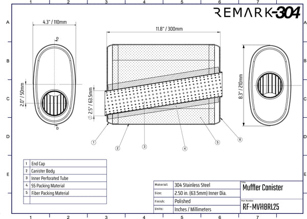 SS304 Oval Muffler Canister - Offset Inlet/Outlet - 8.3" x 4.3" x 11.8"