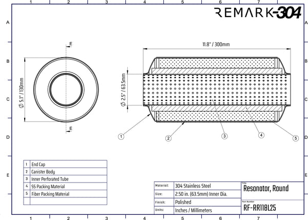 SS304 Round Resonator Canister - Center Inlet/Outlet - 5.1" x 11.8"