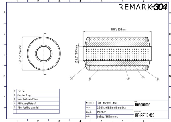 SS304 Round Resonator Canister - Center Inlet/Outlet - 5.7" x 11.8"