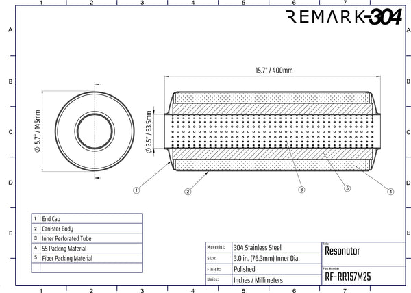 SS304 Round Resonator Canister - Center Inlet/Outlet - 5.7" x 15.7"